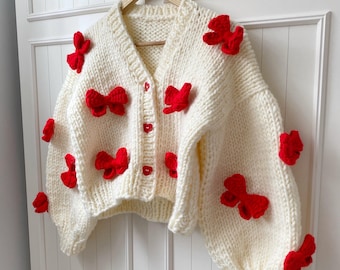 Mysisloops Red Bows Cardigan, Chunky Cropped Cardigan for