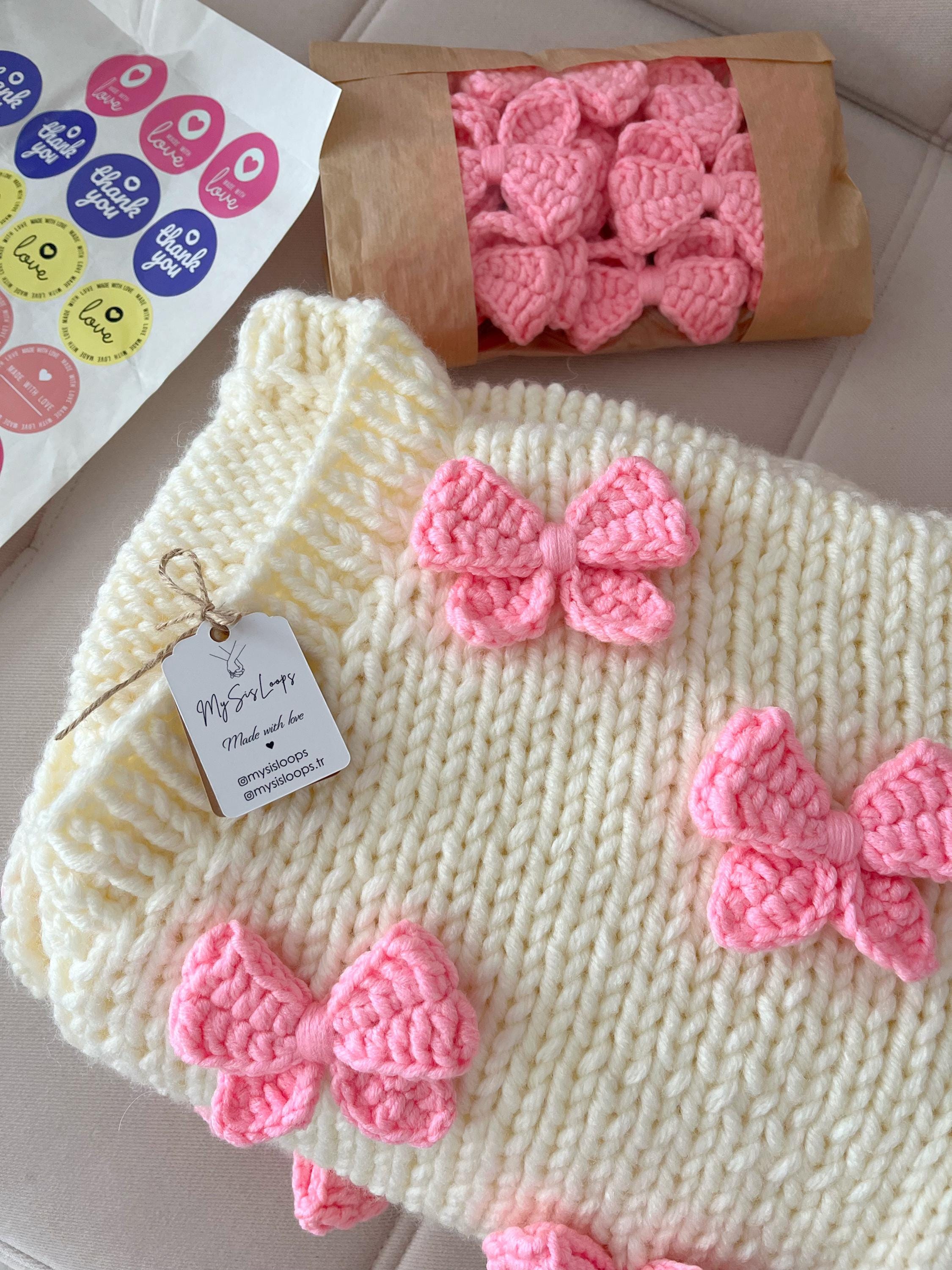Mysisloops Pink Bows Cardigan, Chunky Cropped Cardigan for