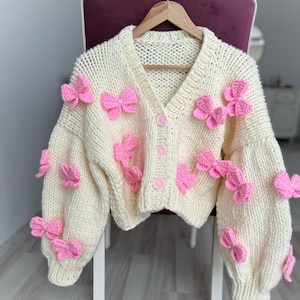 Mysisloops Pink Bows Cardigan, Chunky Cropped Cardigan For Woman, White Sweater With Red Bows, Unique Gift for Women ,Ribbon Cardigan
