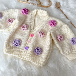 Colorful Roses Cardigan, Knitted Handmade Baby Flower Cardigan,Cream Color Cardigan,Colorful Cardigan,Spring Clothing,Personalized,Baby Gift