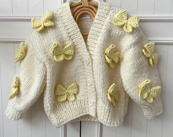 Handmade Knit Baby Cardigan, Butter Yellow Bows, Personalized Gift