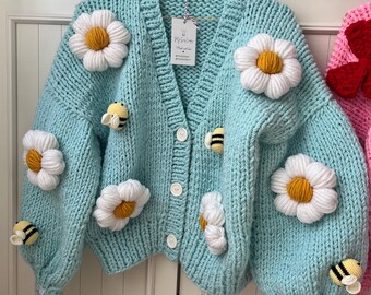 Daisies and Bees Cardigan |handmade Knit Cardigan | Chunky Crochet