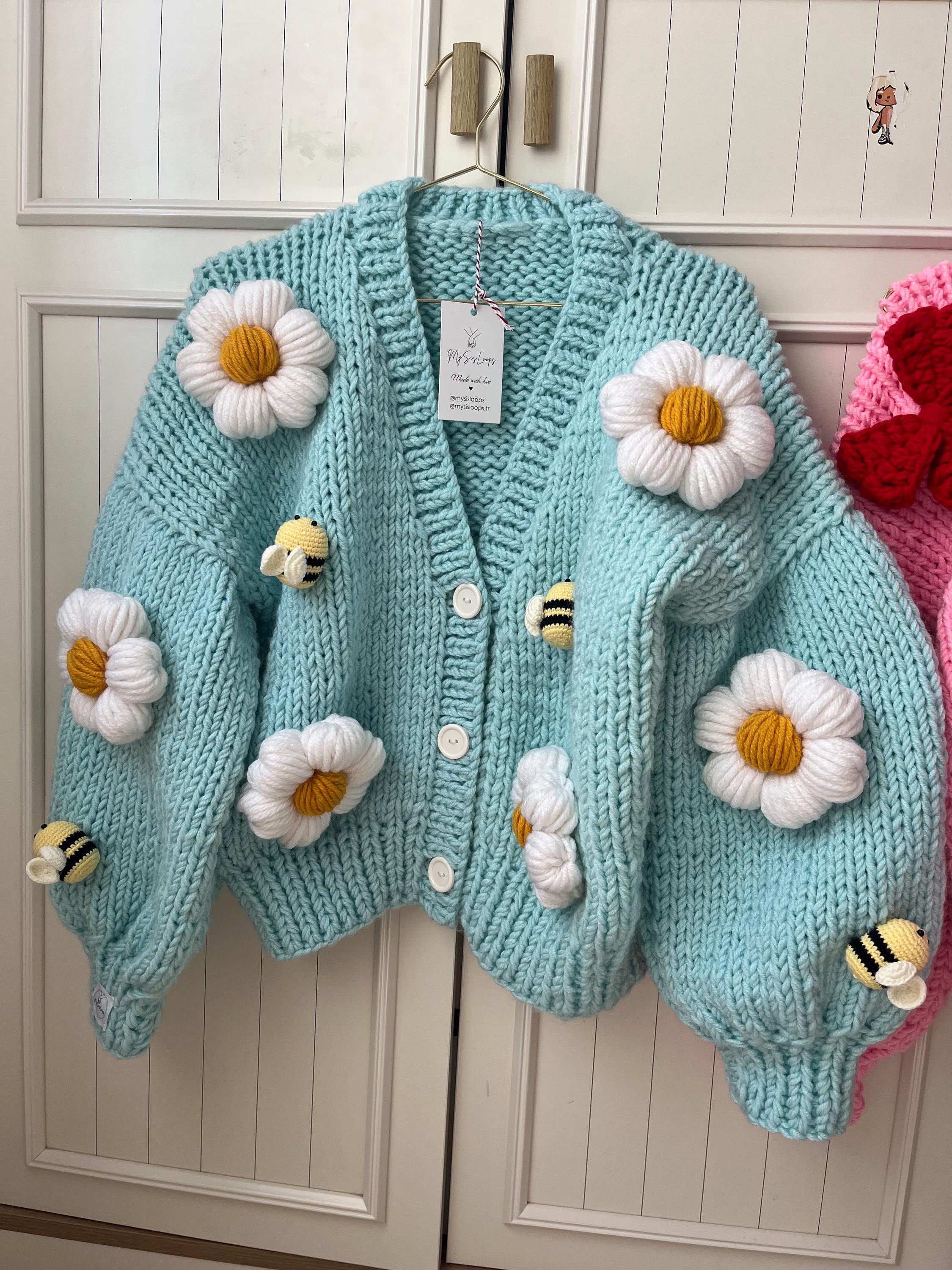 Daisies and Bees Cardigan |handmade Knit Cardigan | Chunky Crochet