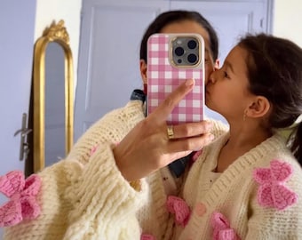 Cárdigan con lazos rosas para madre e hija, cárdigan grueso, cárdigan de punto, chaqueta de punto y conjunto madre e hija.