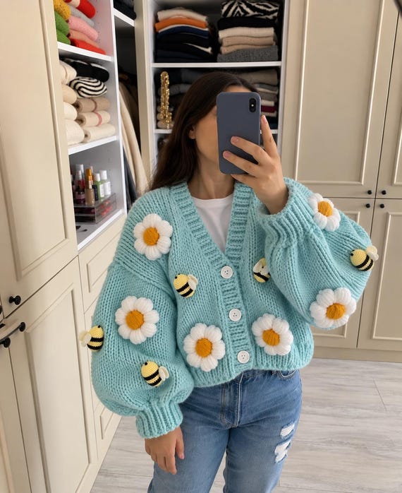 Daisies and Bees Cardigan |handmade Knit Cardigan | Chunky Crochet