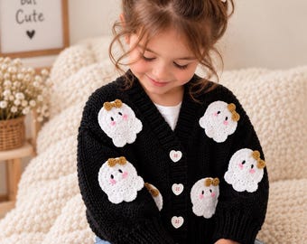 Black Ghost Cardigan for Kids, Handmade Halloween Sweater, Cute Crochet Ghost Cardigan, Girls Chunky Knit Sweater, Spooky Season Gift