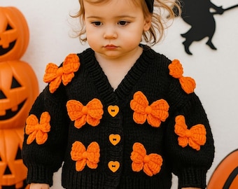 Handmade Halloween Baby Knit Cardigan, Orange Bows, Wool Blend