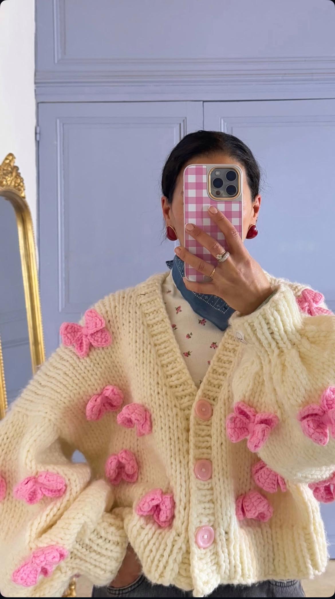 Mysisloops Pink Bows Cardigan, Chunky Cropped Cardigan for