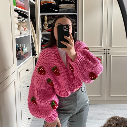 Strawberry Hot Pink Cardiganstrawberry Cardigan handmade - Etsy UK