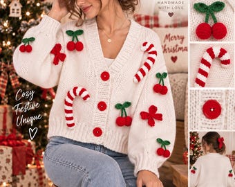 Hand Knit Christmas Cardigan, Women’s Cozy Wool Sweater, Red Cherry & Candy Cane Cardigan, Holiday Gift