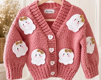 Handmade Baby Knit Cardigan – Crochet Ghost Appliqués, Halloween Outfit