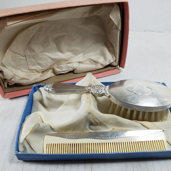 Antique Frank M Whiting & Co Sterling Baby Brush and Comb Set Original Box (VBM0655)