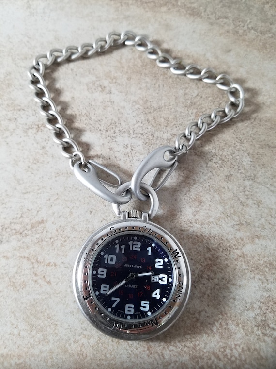 Milan Quartz Pocket Watch Silver Tone Japan Movement 12 24hour