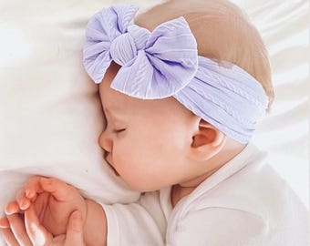 Lilac pastel cable knit bow headband | Newborn Toddler | Hair band | purple hair bow | Soft and stretchy | Baby girl shower gift