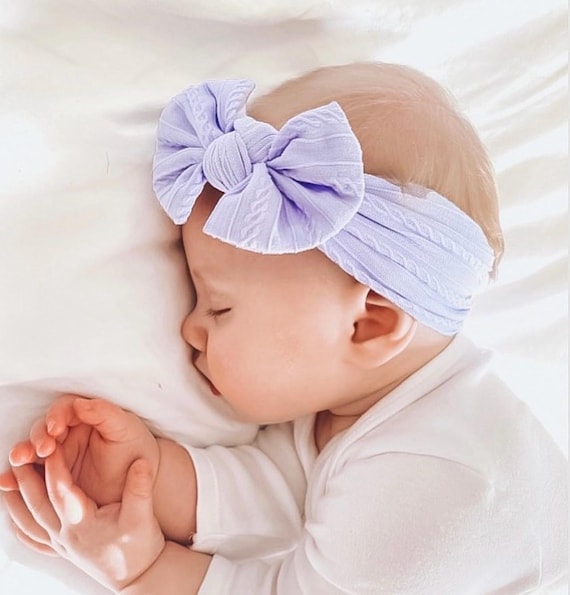 Lilac pastel cable knit bow headband Newborn Toddler Hair band purple  hair bow Soft and stretchy Baby girl shower gift