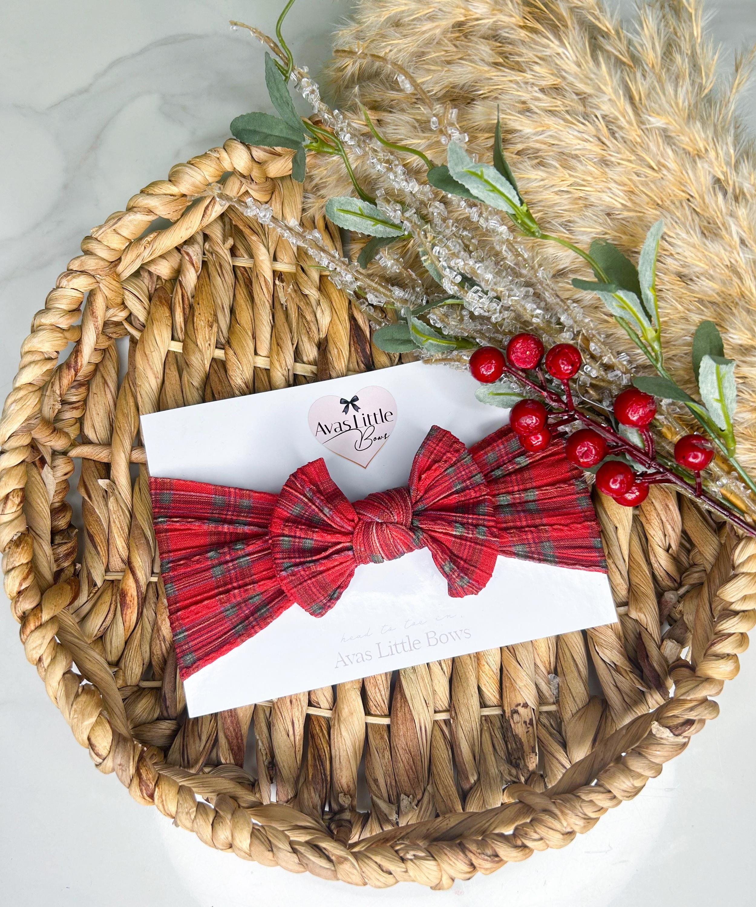 Christmas Red Tartan Cable Knit Bow Headband Newborn Toddler