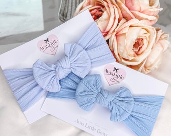 Blue cable knit bow headband, baby blue bow headband, pale blue bow, cornflower blue bow, baby girl, baby/toddler bow headband