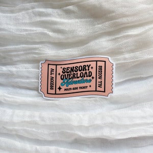 May include: Pink ticket sticker with the text "Sensory Overload Adventure" and "Multi-Ride Ticket" in blue and white text. The sticker has "All Access" written on both sides.