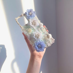 White and Blue Floral Decoden Phone Case | Baroque Style Hand-Made Phone Case