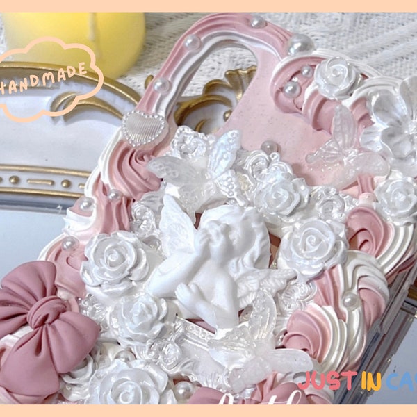 Pink Angel Ribbon Bow Decoden Phone Case | Baroque Style Hand-Made Phone Case