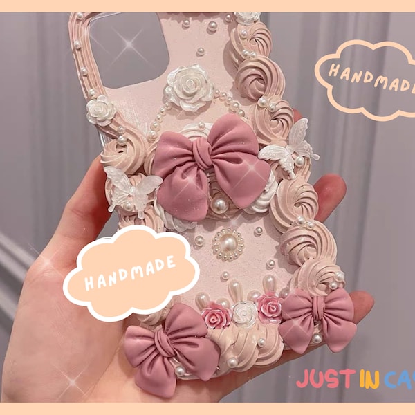 Cute Grey Pink Ribbon Bows Decoden Phone Case | Baroque Style Hand-Made Phone Case