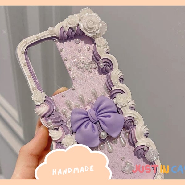 Elegant Purple Ribbon Bow Decoden Phone Case | Baroque Style Hand-Made Phone Case