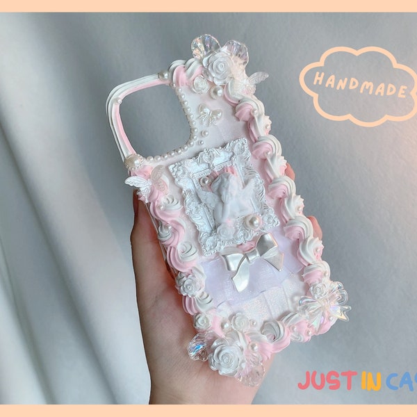 Pink Framed Angel Baroque Style Decoden Phone Case | Baroque Style Hand-Made Phone Case