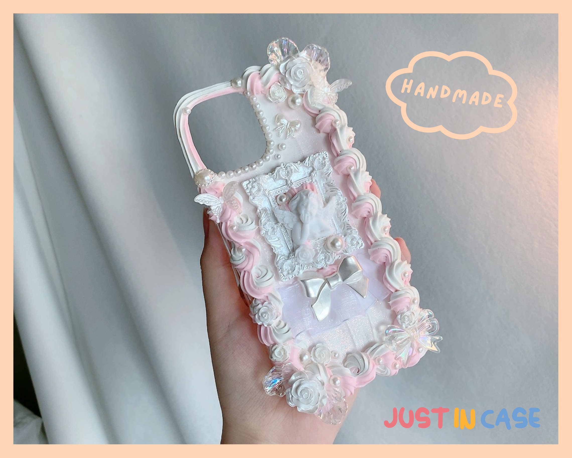 Decoden Phone Case DIY Kit Pink White Peach Black Gray Roses Butterflies  Charms