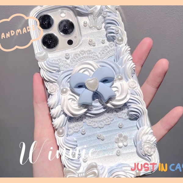 Baby Blue French Style Ribbon Bow Decoden Phone Case | Baroque Style Hand-Made Phone Case