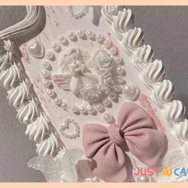 Elegant Pink Ribbon Bow Angel Decoden Phone Case | Baroque Style Decoden Phone Case