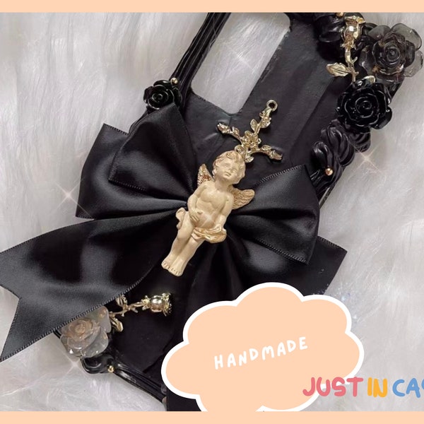 Golden Angel Black Ribbon Bow Decoden Phone Case | Baroque Style Hand-Made Phone Case