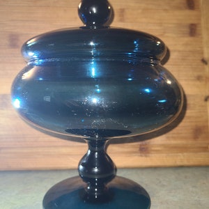 Vintage Glass Blue Pedestal Compote Candy Dish with Lid