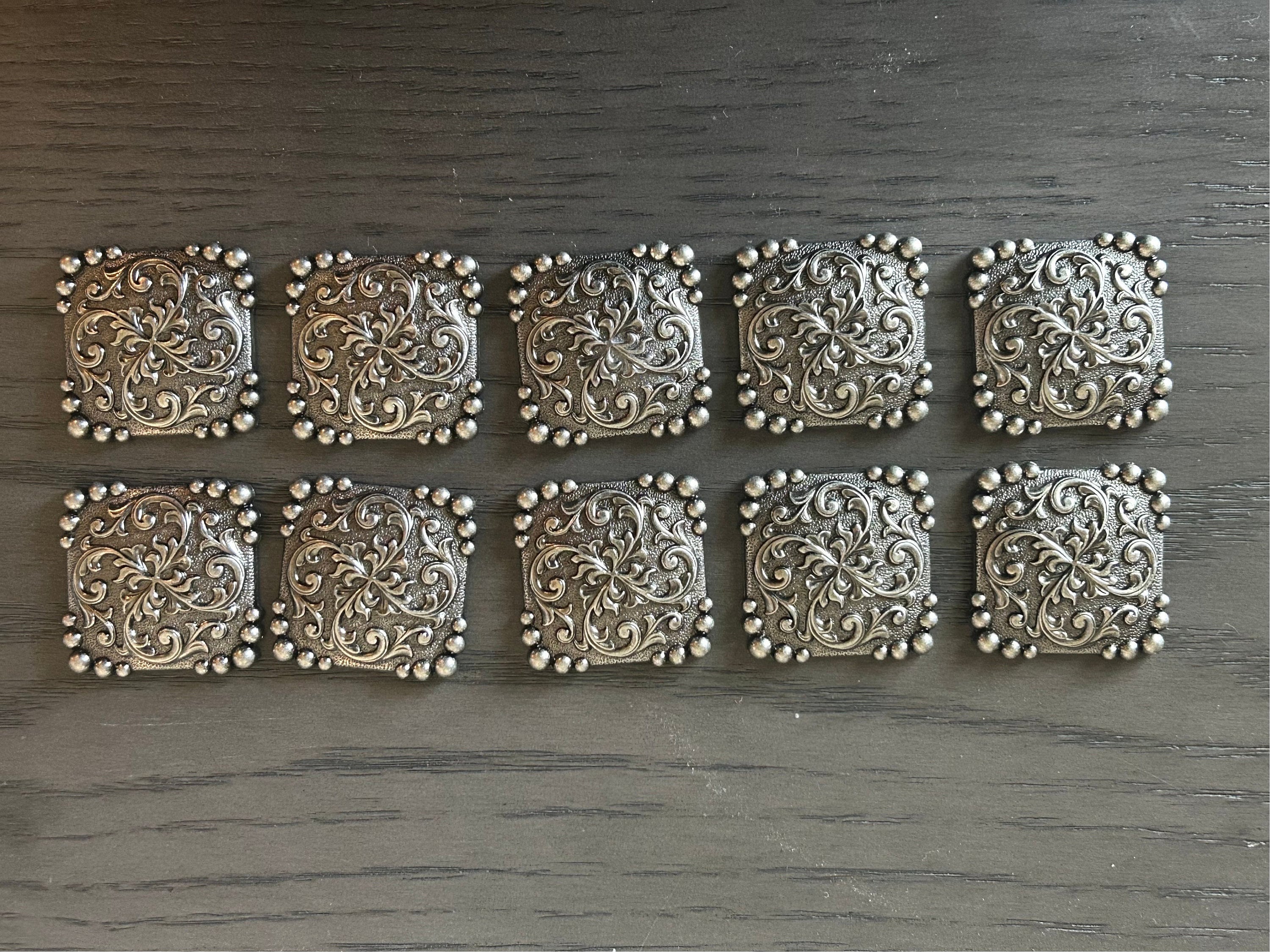 Lot of 10 1.5" Antique Nickel Square Conchos