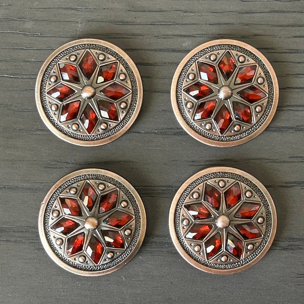 Lot of 4 1.5" Antique Copper Cactus Flower Conchos with Garnet color Stones