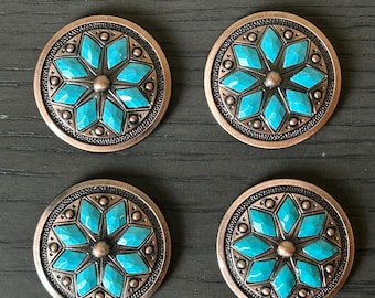 10PCs 30*30MM Flower Concho with Black Turquoise Center Antique Copper