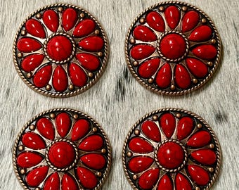 Lot of 4 1.5" Antique Copper Decorarive Conchos with Red Stones