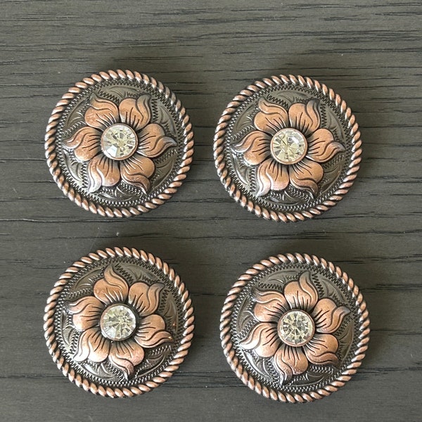 Lot of 4 1.5" Antique Copper Sunflower Conchos with clear stone