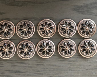 Lot of 10 1.5" Antique Copper Cactus Flower Conchos with Black Color Stones