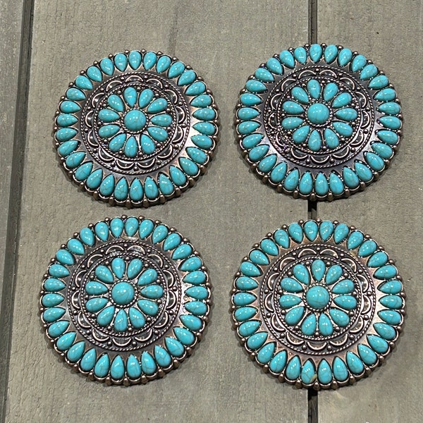 Lot of 4 2" Antique Decorative Copper Conchos with Turquoise Color Stones