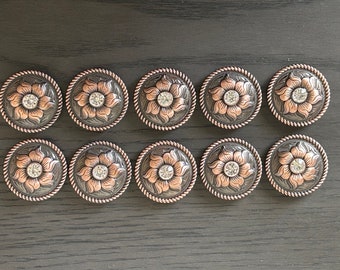 Lot of 10 1.5" Antique Copper Sunflower Conchos with Clear Color Stones