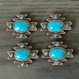 Lot of 4 1.5&quot; Antique Copper Aztec Conchos with Turquoise color stones