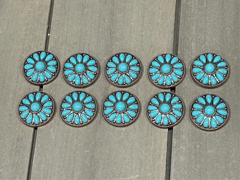 Lot of 10 1.5 Antique Copper Decorarive Conchos with Turquoise Color Stones image 1