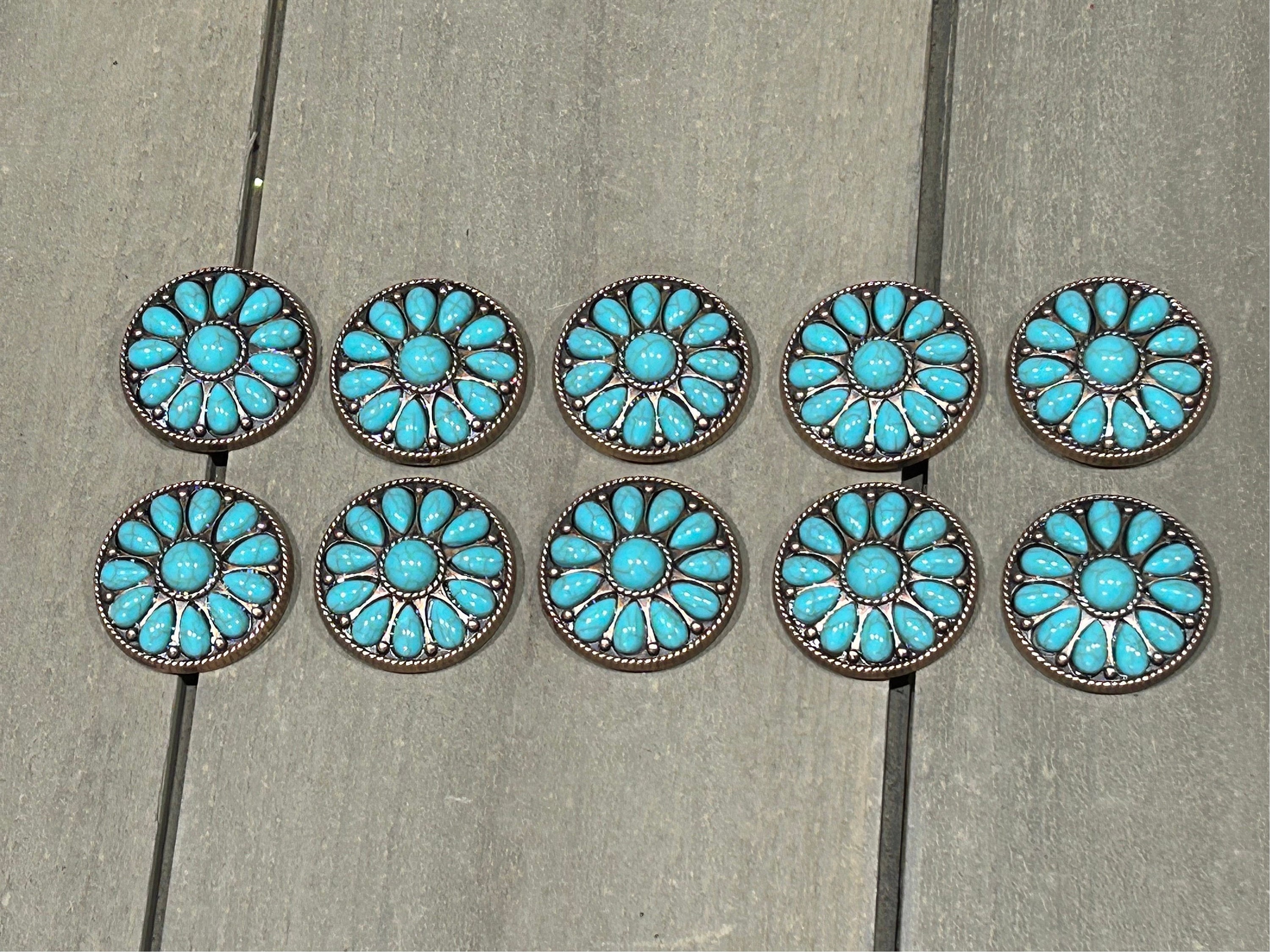 Lot of 10 1.5" Antique Copper Decorarive Conchos with Turquoise Color Stones