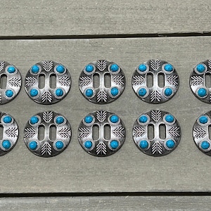 Lot of 10 1.5&quot; Feather Antique Nickel Slotted Conchos with turquoise color stones