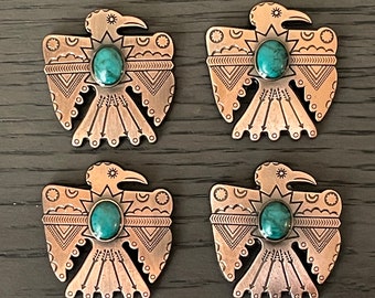 Lot of 4 1.5" Antique Copper Thunderbird Conchos with Turquoise Color Stone