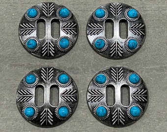 Lot of 4 1.5" Feather Antique Nickel Slotted Conchos with turquoise color stones