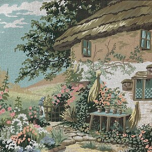 A Cottage Garden Painted Tapestry Needlepoint Canvas by Kinetic Needlecraft of England