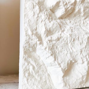 May include: A textured, white, rectangular wall art piece. The surface has a rough, uneven appearance, resembling a rock formation. The artwork is displayed against a neutral background, highlighting its sculptural qualities.