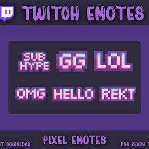 May include: A set of pixelated Twitch emotes with a purple background. The emotes include "SUB HYPE", "GG", "LOL", "OMG", "HELLO", and "REKT".