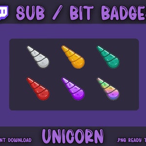 May include: Six different coloured unicorn horn Twitch sub and bit badges. The horns are in the colours silver, gold, teal, red, purple, and rainbow.